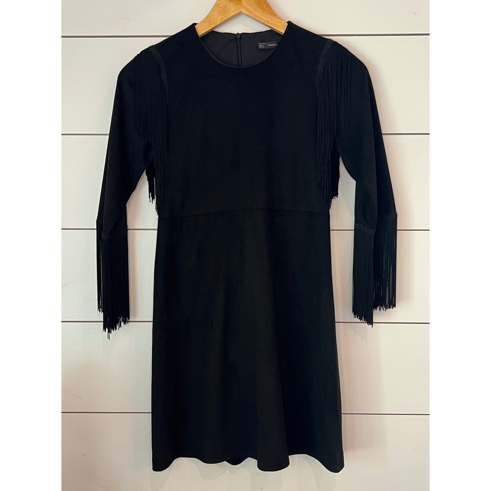 Zara Trafaluc Black Faux Suede Fringe Mini Dress Long Sleeve Western boho XS